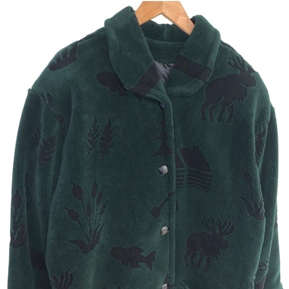 Denali‎ Vintage Long Fleece Coat Log Cabin  Moose Green Button-down Size Large - Picture 2 of 7